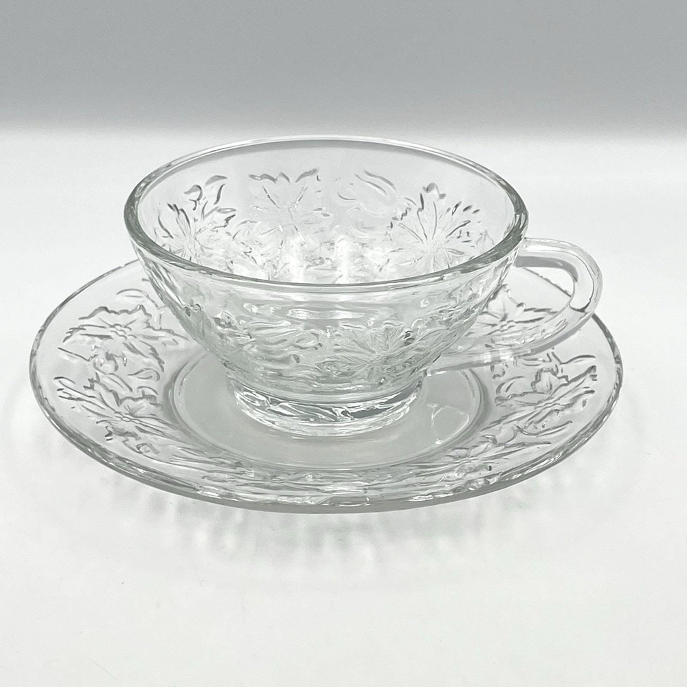 Princess House Fantasia Crystal Cup & Saucer Clear Poinsettia Embossed Teacup